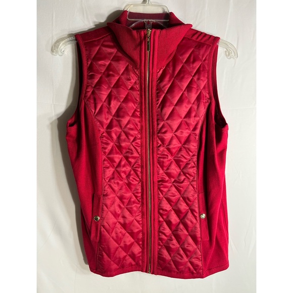 NWOT Susan Graver Red Quilted Vest Stretch Sides Full Gold Zip Snap Pocket Sz L - Picture 2 of 6